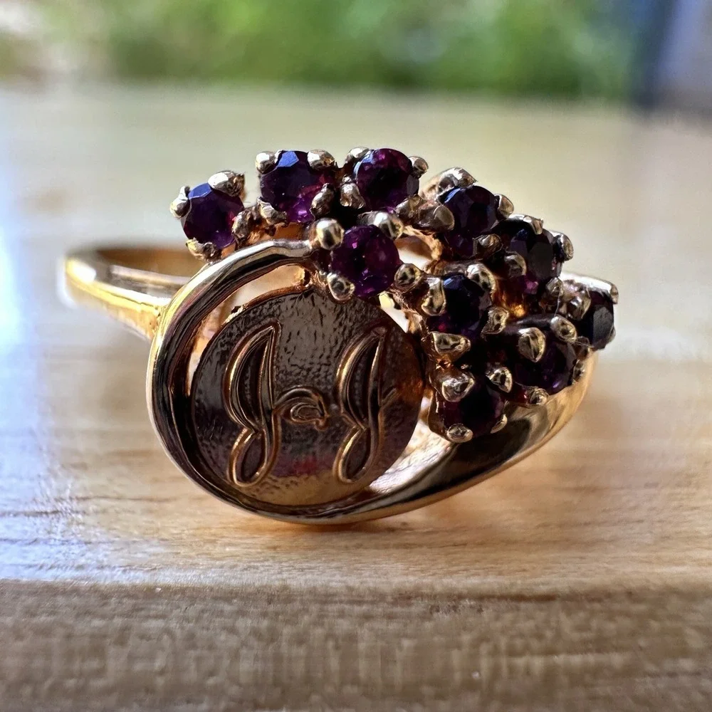 Vintage Jostens Statement Ring Stamped 14k Gold Ruby Cluster Sz 7.5 JJ Logo 3.8g